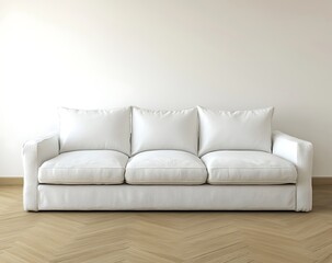 Fototapete - A cozy white sofa in a modern minimalistic room with a wooden floor and a pristine white wall, mockup background with 3D rendering and text space in a 2/3 layout.