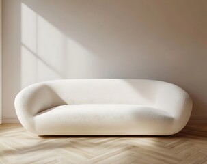 Fototapete - A cozy white sofa in a modern minimalistic room with a wooden floor and a pristine white wall, mockup background with 3D rendering and text space in a 2/3 layout.
