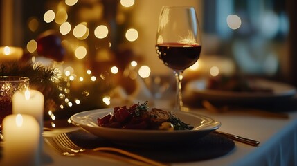 Poster - Luxurious dining table set for an elegant evening with gourmet dish and fine wine in a festive atmosphere. Generative AI