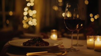 Poster - Luxurious dining table adorned with gourmet dish and wine glass in a cozy setting during festive evening. Generative AI