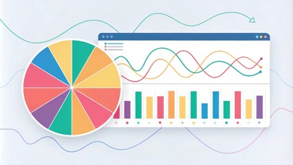 Poster - Vibrant pie chart partially overlapping a horizontal screen displaying a line graph with an upward trend, bar chart, and data points, suggesting positive growth and successful data analysis