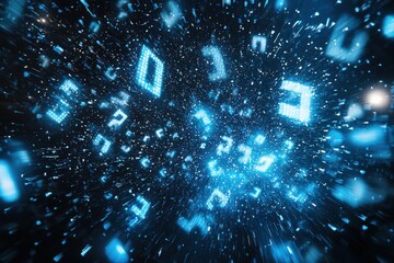 Poster - Abstract digital background with glowing blue numbers and light rays