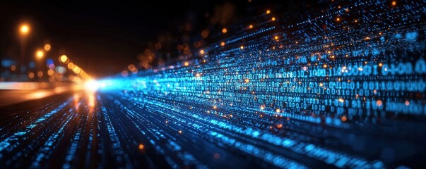 Poster - Futuristic blue light beam with binary code and technology concepts