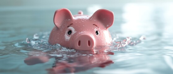 Pink piggy bank sinking in water.