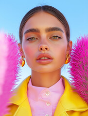 Wall Mural - A chic model wearing golden earrings and bright yellow jacket amidst striking pink cacti. A fashion-forward and vibrant desert aesthetic.