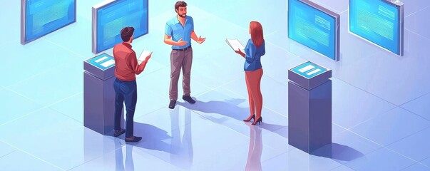 Poster - Animated meeting with three professionals discussing in a tech setting