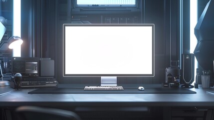 A sleek computer monitor with a blank screen on a modern desk, surrounded by minimalist office decor
