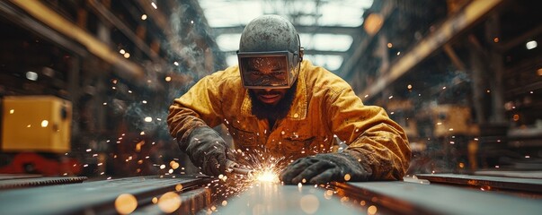 Poster - Industrial worker welding metal in a bustling factory environment