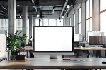 Poster - A sleek computer monitor with a blank screen on a modern desk, surrounded by minimalist office decor