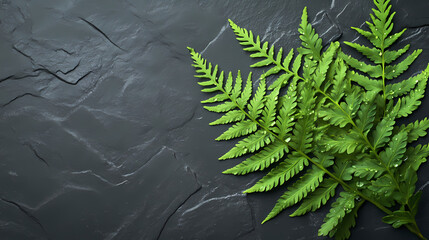 Wall Mural - Bunch of lush green ferns with dew drops resting on a dark stone background enhancing the fresh and natural essence of the foliage. Bracken. Illustration