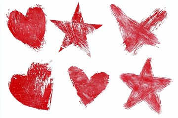 Poster - A collection of textured red hearts and stars on a white background.