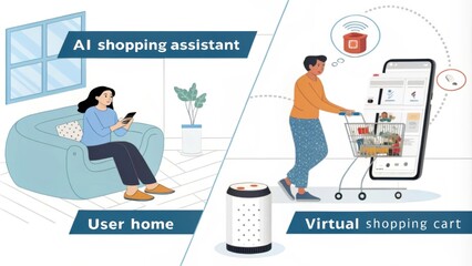 Poster - Split screen image showing a woman engaging with a smartphone and virtual assistant device at home, connected to a virtual shopping cart filled with groceries