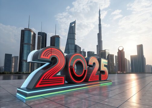 city skyline at night 2025 - Banner, Placard, Design Template, Logo Text Sign Isolated on White Background