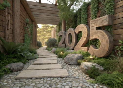 wooden bridge in the park 2025 - Banner, Placard, Design Template, Logo Text Sign Isolated on White Background