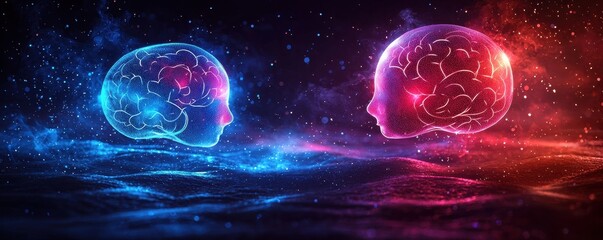 Poster - Neon glowing heads with digital brain network connection