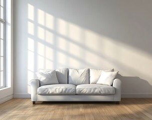 Fototapete - Light gray living room design featuring a cozy sofa, front-facing view with a clean wall background. Natural light creates soft shadows, and the wooden flooring enhances the Scandinavian decor feel