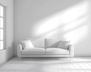 Fototapete - Light gray Scandinavian living room interior with a front view of a modern sofa, clean wall background, and natural lighting with soft shadows. The wooden floor adds warmth to the minimalist design