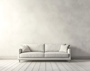 Fototapete - Light gray Scandinavian living room interior with a front view of a modern sofa, clean wall background, and natural lighting with soft shadows. The wooden floor adds warmth to the minimalist design