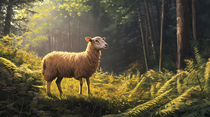 a ewe standing near a patch of sunlit bracken, with a dense forest in the background. bracken. illus