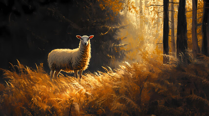 a ewe standing near a patch of sunlit bracken, with a dense forest in the background. bracken. illus