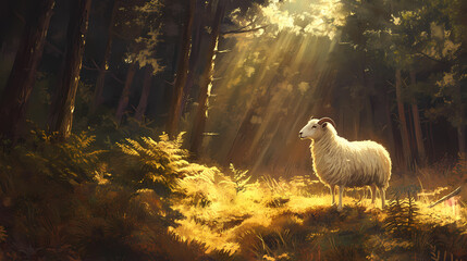 a ewe standing near a patch of sunlit bracken, with a dense forest in the background. bracken. illus