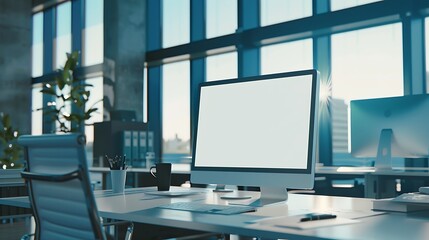 Poster - A sleek computer monitor with a blank screen on a modern desk, surrounded by minimalist office decor