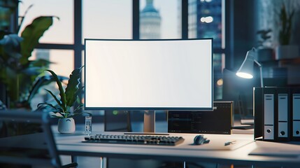Poster - A sleek computer monitor with a blank screen on a modern desk, surrounded by minimalist office decor