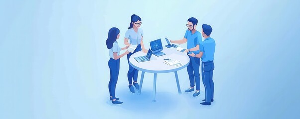 Poster - Team collaborating around a modern work environment with technology