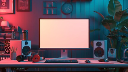 A sleek computer monitor with a blank screen on a modern desk, surrounded by minimalist office decor