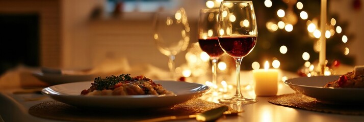 Poster - Luxurious dining experience featuring gourmet dish and fine wine in a warmly lit setting during festive evening. Generative AI