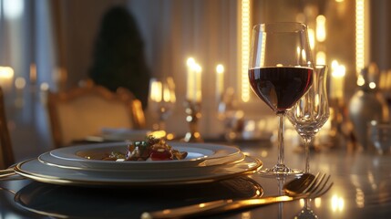 Poster - Luxurious dining table set for an elegant evening with gourmet dish and fine wine. Generative AI