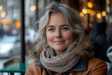 A portrait featuring a lovely middle-aged woman on a city street.