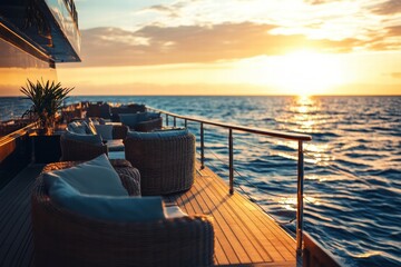 Aufkleber - Luxury yacht deck with elegant furniture at sunset over the serene ocean water. Generative AI