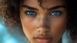 © alisya - Close-up portrait of a young woman with striking blue eyes and dark curly hair.