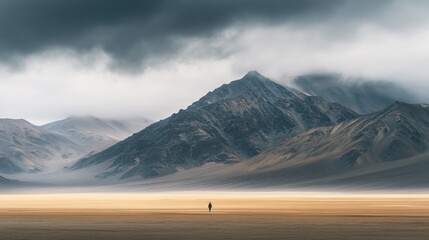 Poster - Lonely figure against towering mountain landscape under dramatic clouds. Generative AI