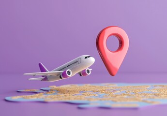 Poster - An icon of a 3D World Map with a pin and an airplane, representing travel. The GPS navigator pin is checking different points. 3D rendered image.