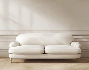 Fototapete - Minimal white sofa situated in a clean interior setting with light wooden floors, white wall for a mockup, 3D rendered with ample text space and a 2/3 visual balance.