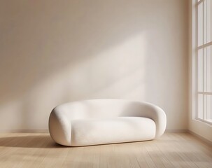 Fototapete - Minimal white sofa situated in a clean interior setting with light wooden floors, white wall for a mockup, 3D rendered with ample text space and a 2/3 visual balance.