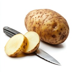 Russet Potato Slices: A whole russet potato sits alongside two perfectly sliced rounds, a sharp knife resting nearby, ready for culinary creation.