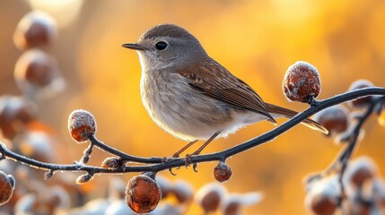 Wall Mural - Charming small bird perched on a frosty branch adorned with orange berries against a warm golden background, capturing the essence of winter beauty and tranquility in nature.