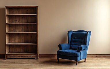 Fototapete - Minimalist beige living room interior featuring a wooden floor, a blue armchair, and a simple bookcase against a blank wall. Ideal for home design mockups.