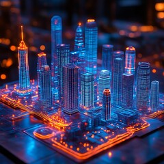 Futuristic city model glowing at night.