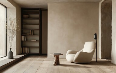 Fototapete - Minimalist beige wall in a Japandi-inspired living room with wooden flooring, a modern armchair, and a slim bookcase positioned on the left, offering ample 