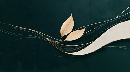 Poster - Elegant Gold Leaves and Abstract Green Wave Design