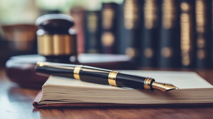 Aufkleber - Luxury fountain pen with gold accents resting on a book near a gavel in a cozy office setting. Generative AI