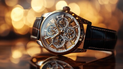 Poster - Luxury wristwatch with a golden frame showcased against a blurred background of warm lights during a cozy evening event. Generative AI