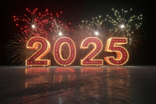 Celebrate 2025 red fireworks with happy new year template banner with modern 3d text effect