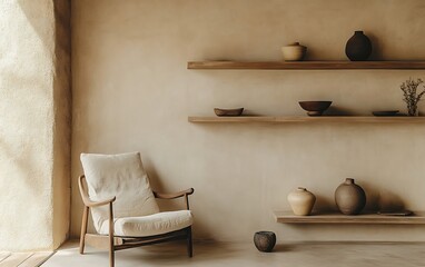 Fototapete - Minimalist home interior featuring a beige wall adorned with a sleek wooden shelf, a cozy armchair as the centerpiece, and a curated selection of decor items that emphasize clean lines and harmony