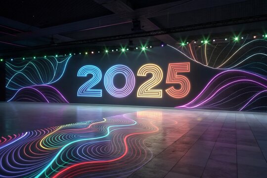 Celebrate 2025 fireworks with happy new year template banner with modern 3d text effect