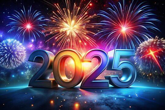 Celebrate 2025 fireworks with happy new year template banner with modern 3d text effect